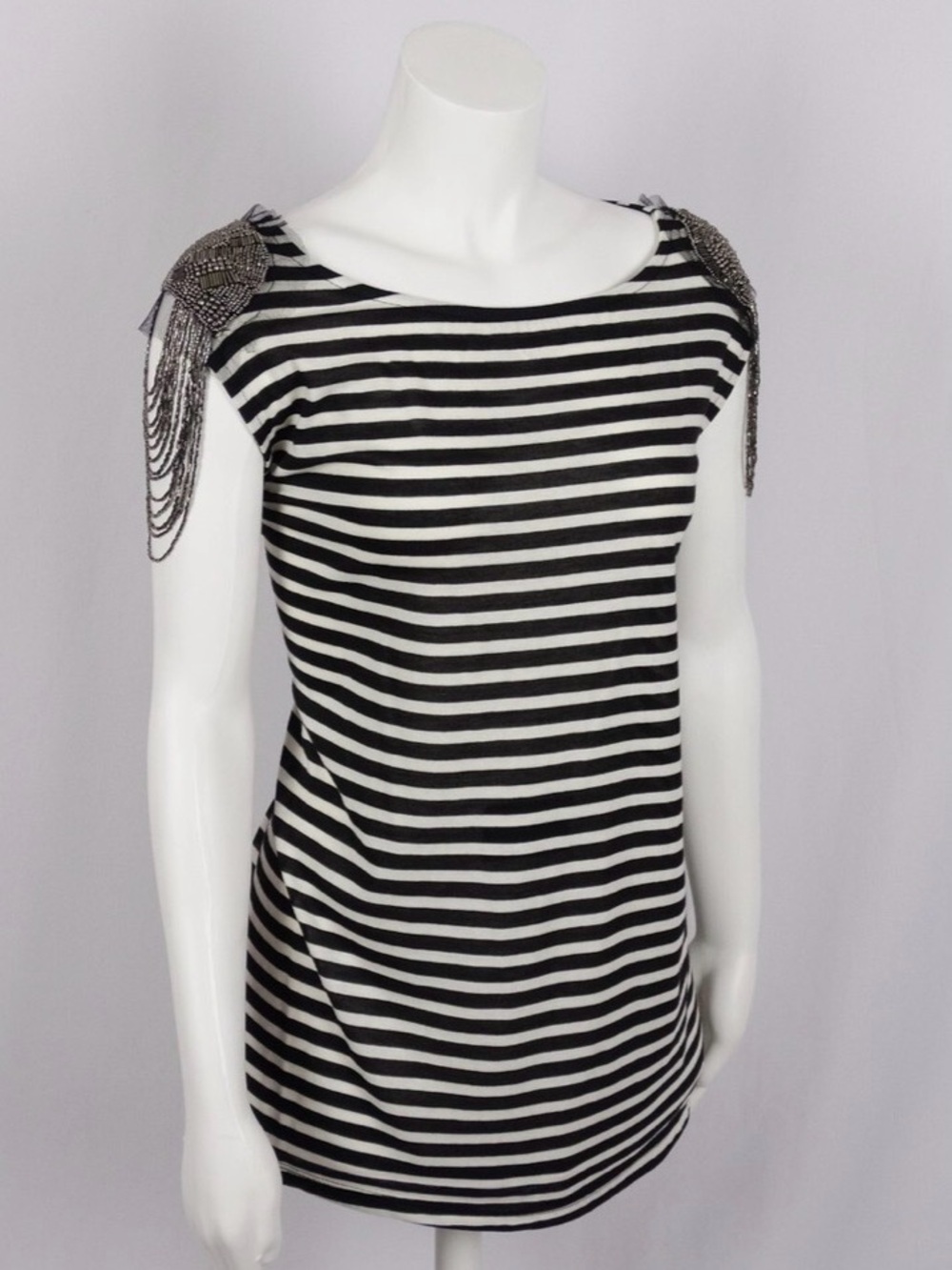 Vocal Black and White Striped Embellished Shoulder Tee